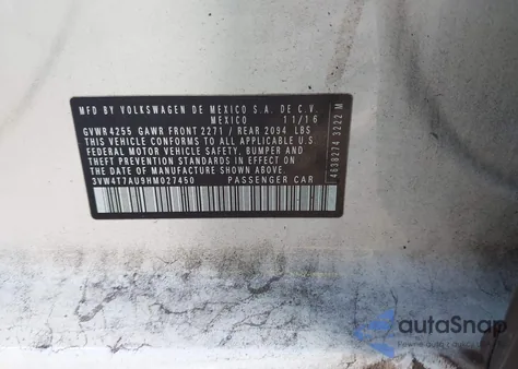 2017 Volkswagen Golf Gti Autobahn 4-Door/S 4-Door/Se 4-Door/Sport из США, поврежденный, VIN 3VW4T7AU9HM027450